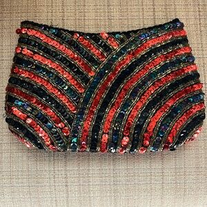 Sequin Studded Small Clutch Red, Black & Silver 9”x 5”